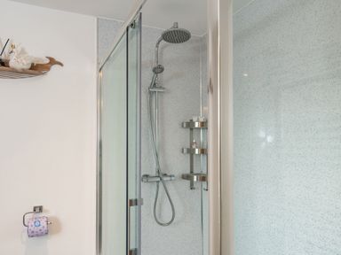 A shower area with a glass door and metal shower head with shelves and a toilet paper holder in a bathroom at Be Our Guest Cottage in Chacewater near Truro