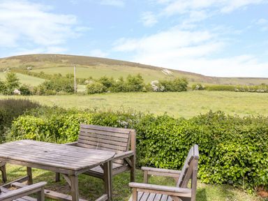 A wooden outdoor table and chairs on grass with green bushes and a hillside in the background at Duck Cottage in Sutton Poyntz