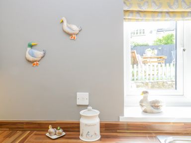 A kitchen corner with duck decorations on the wall and countertop and a biscuit jar at Duck Cottage in Sutton Poyntz