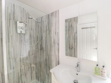 A bathroom with a shower area with wood patterned wall tiles and a sink with a mirror above at Duck Cottage in Sutton Poyntz