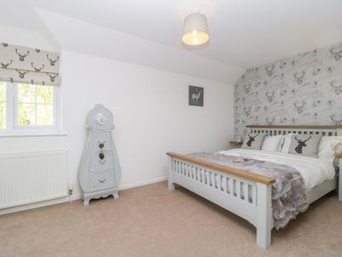 A bedroom with a bed a wooden clock by the window and deer themed wallpaper at Duck Cottage in Sutton Poyntz