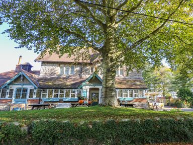 A stone house with a large tree and outdoor benches at Duck Cottage in Sutton Poyntz