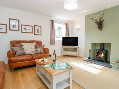 A living room with a leather sofa a coffee table with wine and snacks a wood burning stove and a mounted deer head at Duck Cottage in Sutton Poyntz