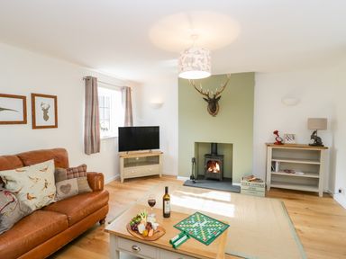 A living room with a leather sofa a coffee table with wine and snacks a television a fireplace a mounted deer head and a wooden cabinet at Duck Cottage in Sutton Poyntz