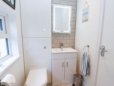 A small bathroom with a toilet, sink cabinet, wall mirror with light, striped towel on ring, and a trash bin at Sailors Lodge in Filey