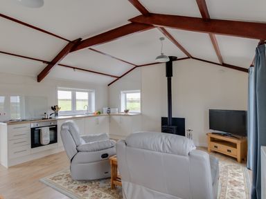 An open plan living area with kitchen cabinets a stove two leather chairs a wood burning stove and a TV on a wooden stand at Village View in Burton Bradstock