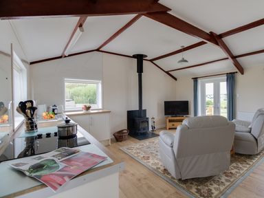An open plan living area with a kitchen counter a wood stove two armchairs a television and a window with curtains at Village View in Burton Bradstock