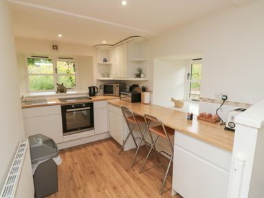 A kitchen with wooden countertops two metal chairs a window fruits and toaster at Bantam Cottage in Little Woodford near Ottery St Mary