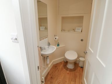 A small bathroom with a toilet sink mirror and wooden floor at Bantam Cottage in Little Woodford near Ottery St Mary