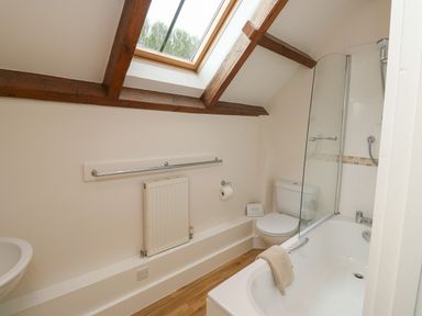A bathroom with a bathtub shower toilet radiator and skylight at Bantam Cottage in Little Woodford near Ottery St Mary