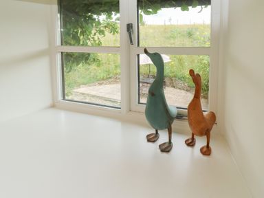 A white window sill with two wooden duck figurines and a view of a garden patio and greenery at Bantam Cottage in Little Woodford near Ottery St Mary