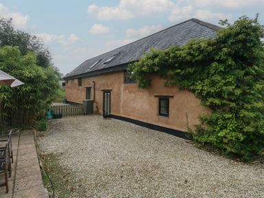 An outdoor area with a gravel driveway next to a building with windows and a climbing plant on the wall at Bantam Cottage in Little Woodford near Ottery St Mary