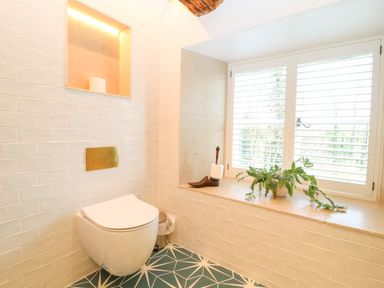 A bathroom with a wall-mounted toilet a window with shutters a plant on the windowsill and a shoe-shaped toilet paper holder at Tickmorend Farm in Nailsworth