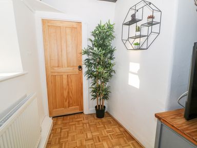 A corner with a wooden door a radiator a potted plant and a wall-mounted metal shelf with small plants at Buarthau Cottage in Llanrug