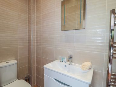 A bathroom with a toilet a sink with toiletries and a rolled towel at Coal Drops in Alnwick