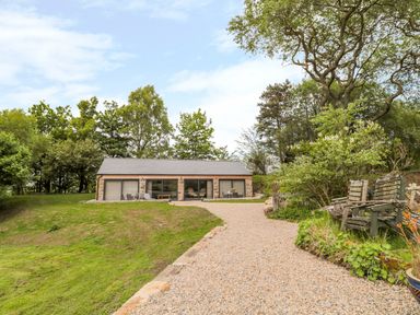A gravel pathway leading to a single-story stone house surrounded by grass and trees at Coal Drops in Alnwick