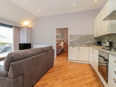A kitchen and living area with a sofa facing a television and a bedroom visible through a doorway at Coal Drops in Alnwick