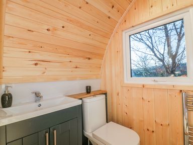 A bathroom with a sink vanity toilet and window in wooden walls at Chapel Pod in Callington