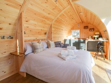 A wooden curved interior with a bed sofa kitchen area and stools at Chapel Pod in Callington