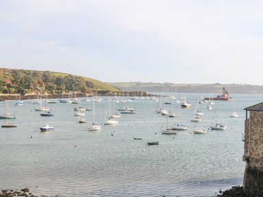 A harbor with many sailboats and small boats on water near a coastline with green hills at The Old Cows House in Helston