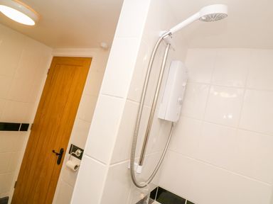 A shower area with a handheld showerhead and wooden door in a tiled bathroom at The Old Cows House in Helston