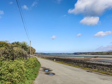 A coastal road with bushes on one side and a shore with water on the other at Barras Cottage in Brynsiencyn