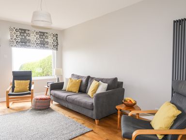 A living room with grey sofa and armchairs with yellow cushions a patterned window blind and a wooden floor at Bryn Deryn in Criccieth