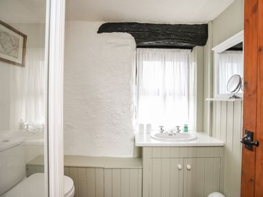 A bathroom with a sink, mirror, window with curtains, toilet, and wooden paneling at Bryn Eira Stables Llanfair PG