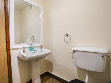 A bathroom with a pedestal sink a mirror a hand towel ring and a toilet at Bryn Eira Stables in Llanfair PG