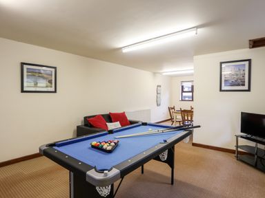 A room with a blue pool table two cues a small sofa with red cushions a dining table with chairs a television and framed pictures on the wall at Bryn Eira Stables Llanfair PG