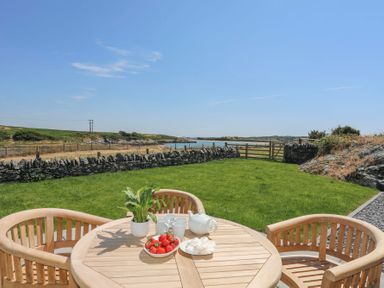 An outdoor wooden table with chairs bowls of strawberries and meringues set on a lawn with a stone wall and water view at Bwthyn Glanrhyd in Llanfair yn Neubwll