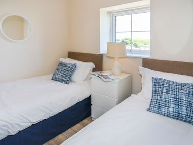 A bedroom with two single beds a nightstand with a lamp and magazines and a window at Bwthyn Glanrhyd in Llanfair yn Neubwll