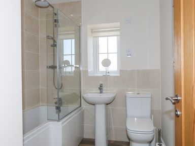 A bathroom with a bathtub and shower head a pedestal sink and a toilet at Bwthyn Glanrhyd in Llanfair yn Neubwll