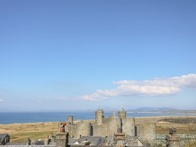 A stone castle with towers flying flags near the coast with water and hills in the background at Bron Castell in Harlech