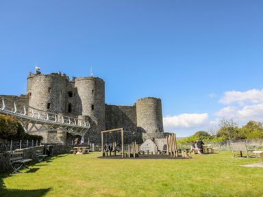 A castle with stone towers and a playground with wooden climbing structures and benches on grass at Bron Castell in Harlech
