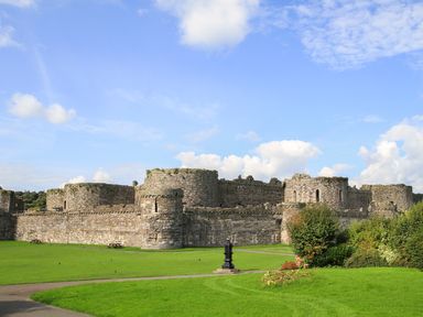 An old stone castle with round towers on a grassy lawn with bushes and a clear sky at Bro Dawel in Beaumaris