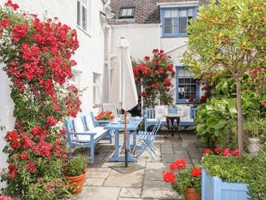 An outdoor patio with blue wooden benches and chairs a table an umbrella and plants with red flowers at Bryn Tegid in Beaumaris