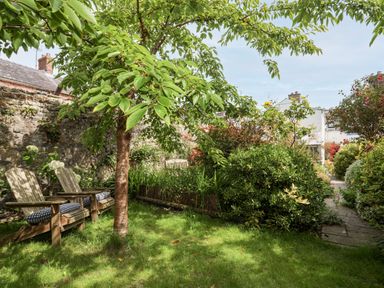 A garden with two wooden chairs under a tree and a stone wall at Bryn Tegid in Beaumaris