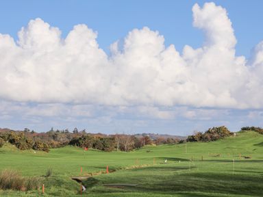 A golf course with green grass a red flag and trees under a cloudy sky at Bryn Tegid in Beaumaris