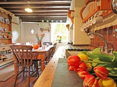A kitchen with a wooden dining table and chairs and flowers on the counter at Buck Cottage in Red Wharf Bay