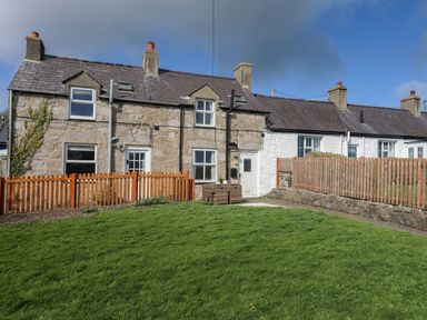 A row of connected stone and white-painted houses with chimneys and a grassy yard enclosed by wooden fences at Cae Person in Llangoed