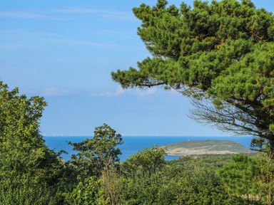 A coastal landscape with trees in the foreground an island and wind turbines in the sea at Cae Person in Llangoed