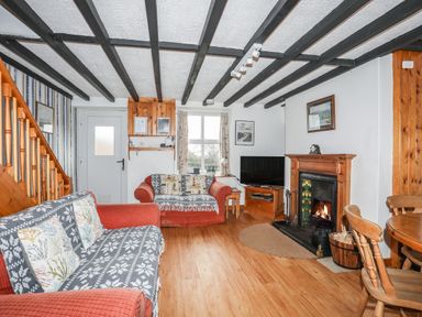 A living room with sofas a fireplace a television wooden beams on the ceiling and wooden furniture at Cae Person in Llangoed