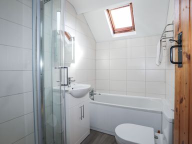 A bathroom with a shower enclosure sink bathtub toilet and skylight at Cae Person in Llangoed