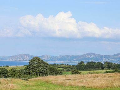 A grassy field with trees and mountains in the background under a partly cloudy sky at Cae Person in Llangoed