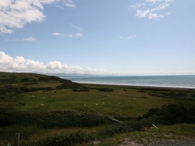 A coastal landscape with grassy fields and sheep near the ocean at Cae'r Dyni (Caer Dyni) in Criccieth