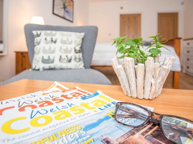 A wooden table with magazines glasses and a plant in a bedroom with a grey chair and a pillow at Cambrian House in Criccieth