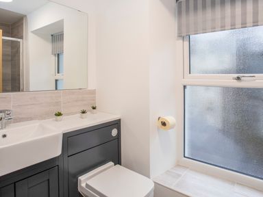 A bathroom with a sink cabinet a toilet a frosted window with striped blind and small plants on the countertop at Cambrian House in Criccieth