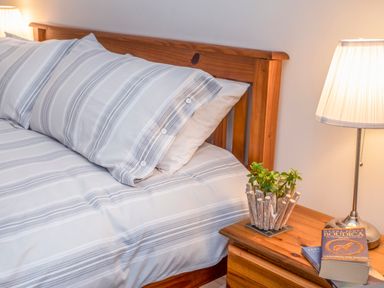 A bedroom with a wooden bed and nightstand with a lamp plant and books at Cambrian House in Criccieth