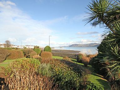 A garden with trimmed bushes and palm trees near a body of water with hills in the background at Camlan in Beaumaris